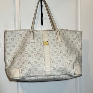 MCM Cream Monogram Canvas Tote - Authentic